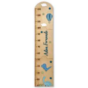 Wooden kid's height ruler with dinosaurs, clouds and a balloon; personalized with the name Adam Fernandes (measures 10–130 cm).
