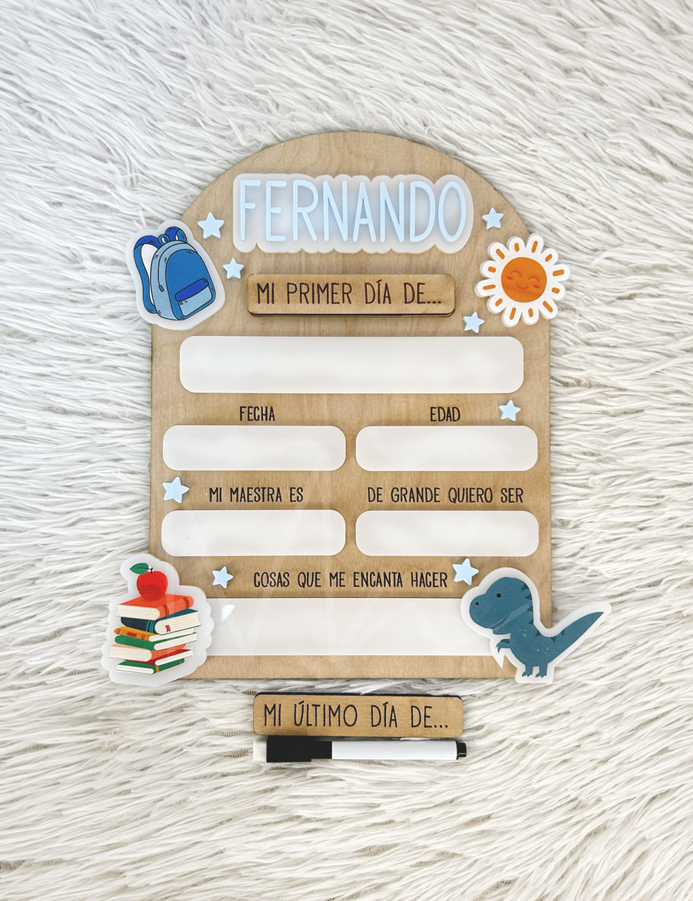 Wooden milestone board for a child's first day of school, with spaces for date, age, and favorites, plus backpack and sun stickers.