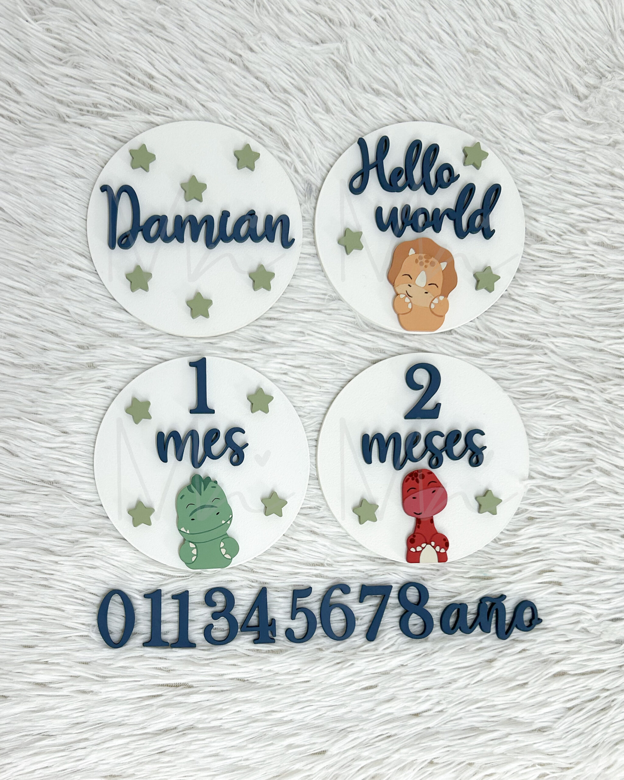 Decorative white round name plaques with blue cursive text, green stars, and small dinosaur illustrations on a fluffy white background.
