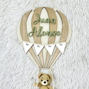 Globo Aerostático con Osito de crochet - Letrero para Bebé