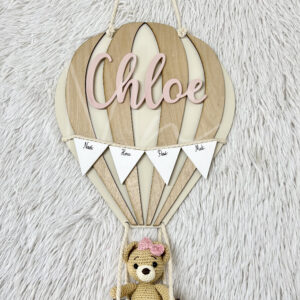 Globo Aerostático con Osita de Crochet - Letrero para Bebé